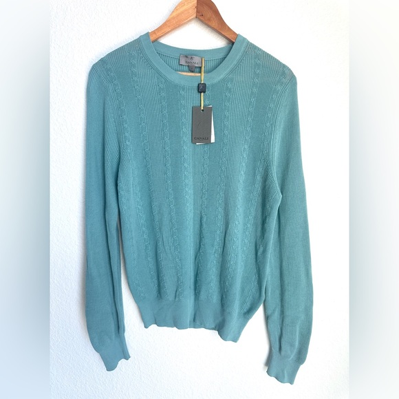 NWT Canali Cable Knit Crewneck Sweater Men’s size 46 Small Turquoise - Picture 2 of 14